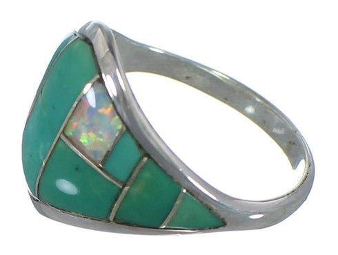Southwestern Turquoise And Opal Inlay Silver Ring Size 8-1/2 AX52340